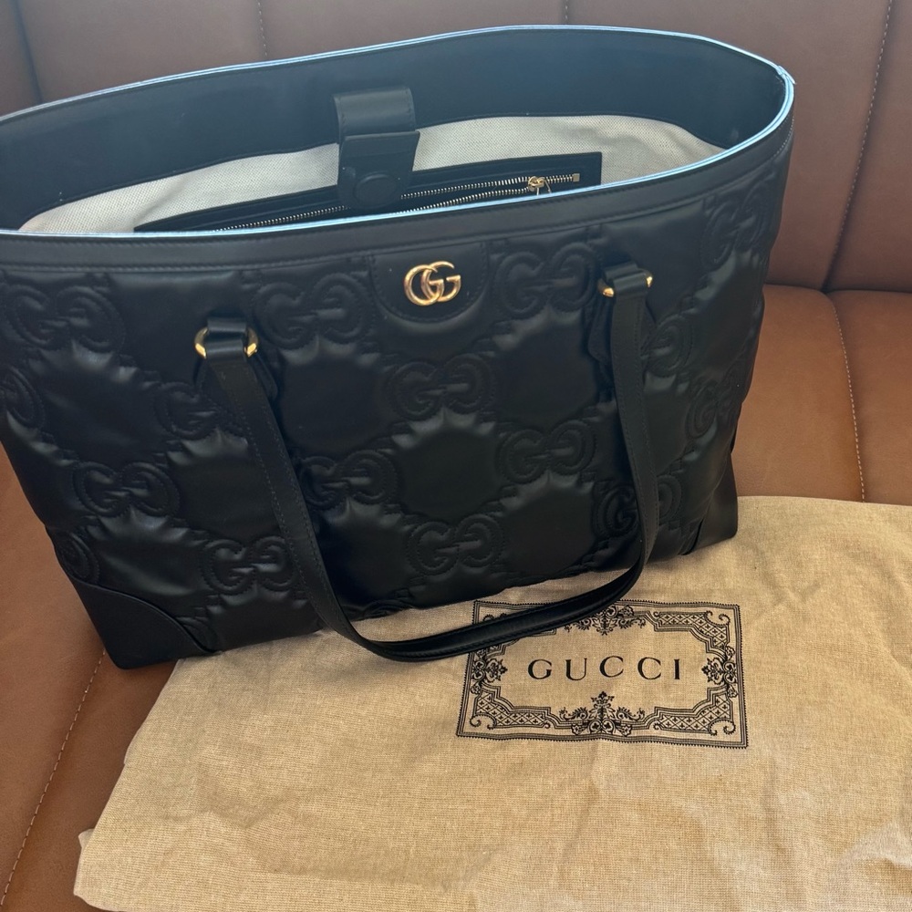 AUTHENTIC Gucci Black Embossed Tote with Gold Accents